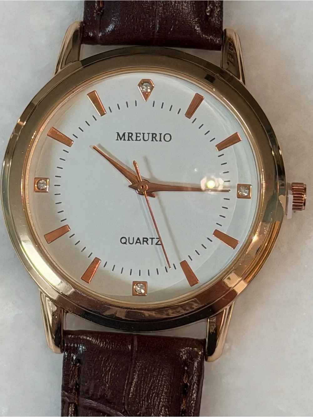 Mreurio Men's Gold Case White Dial Brown Leather Strap Quartz Watch